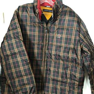 Tommy  Hilfinger men’s puffy coat size large. Black with red and gold plaid